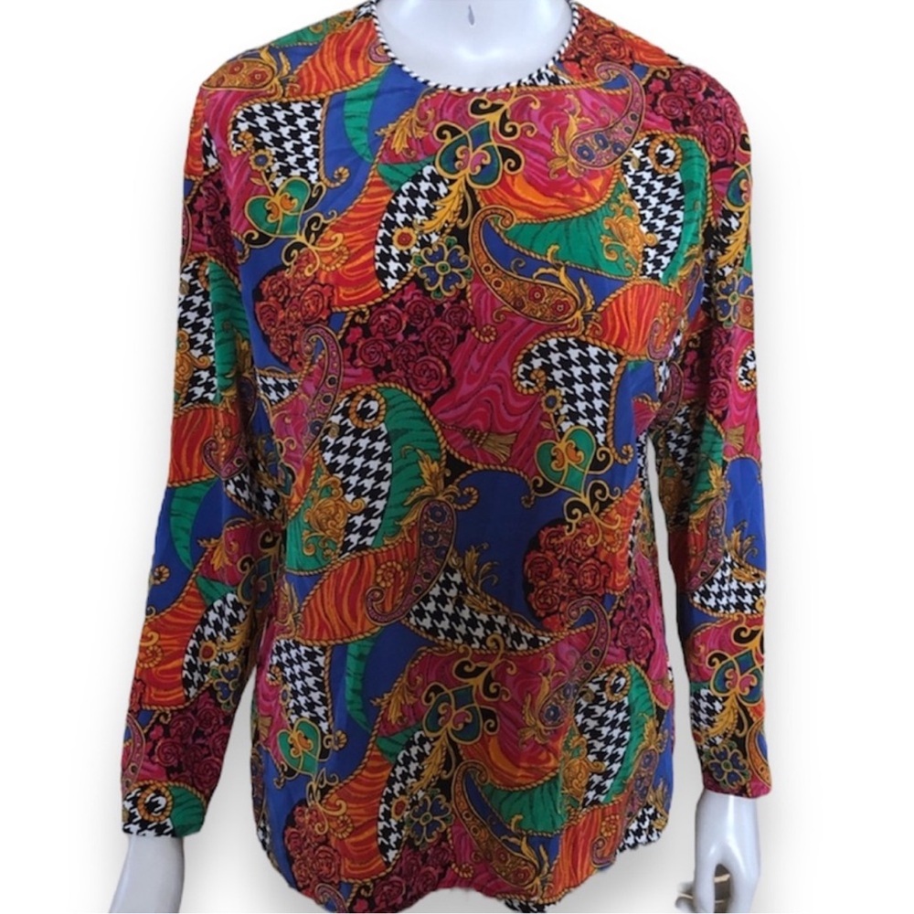 Vintage 80’s Josephine Baroque Scarf Print Houndstooth Paisley Blouse Size M